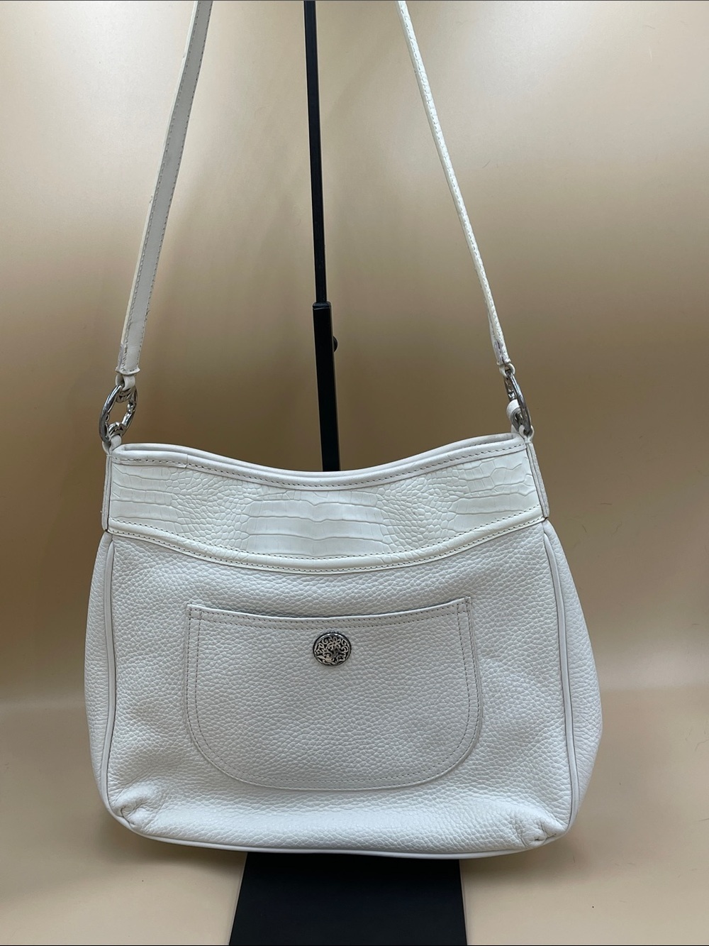 Brighton Bone Colored Leather Shoulder Bag with Signature Brighton Charm